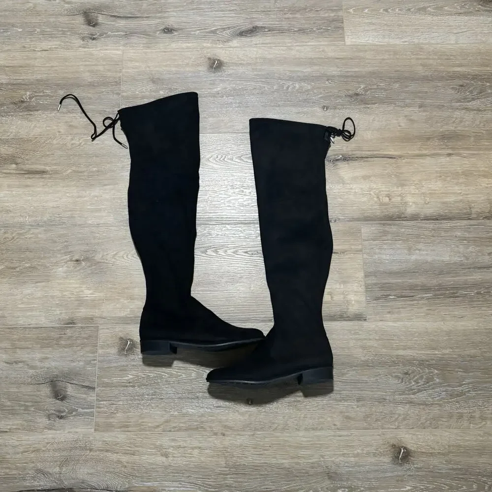 Marc Fisher Black Faux Suede Over The Knee Boots Flat Round Toe Size 8M Tie Back